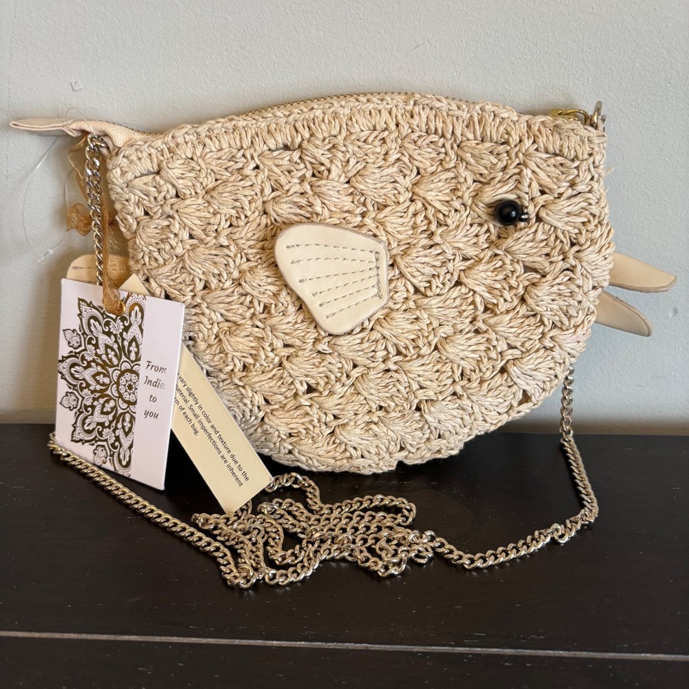 Viral TikTok Pufferfish Raffia‎ and Leather Crossbody-Ltd Edition-NWT